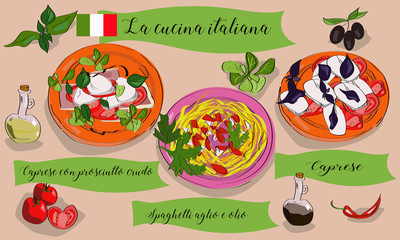 Vetcor menu of Italian dishes. Caprese, caprese con prosciutto crudo, spaghetti aglio e olio. La cucina italiana.