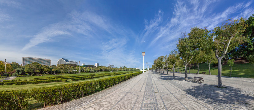 Lisbon, Portugal. Typical Portuguese handmade cobblestone pavement in the Eduardo VII Park. Largest park in the city center, next to the Marques de Pombal square and Liberdade Avenue.