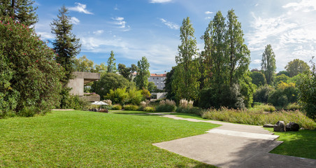 Fototapeta na wymiar Lisbon, Portugal - October 19, 2016: Gardens of the Calouste Gulbenkian foundation. An urban park open to the public, and very popular especially among College students.