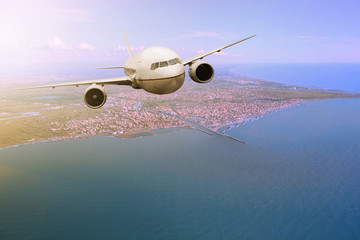 Fototapeta na wymiar passenger plane flying from Fiumicino – Leonardo da Vinci Int