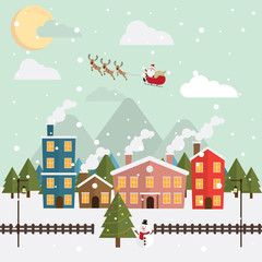 Fototapeta na wymiar Christmas santa claus and reindeer snow moon night vector
