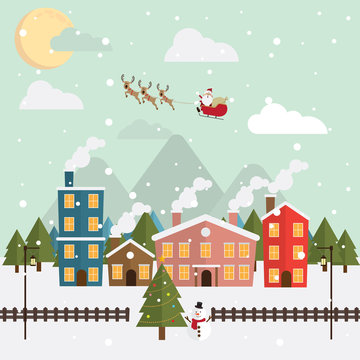Christmas santa claus and reindeer snow moon night vector