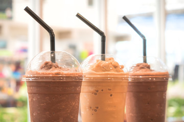 Chocolate Frappe and Frappuccino on wood table - 128276619