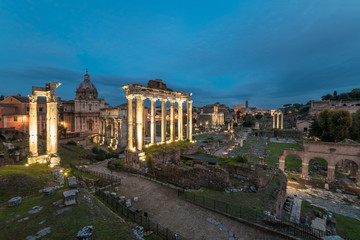 Naklejka na ściany i meble Rome (Italy) - The archeological ruins in historic center of Rome, named Imperial Fora. Cityscape from Campidoglio and Via dei Fori Imperiali.