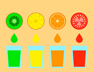 vector illustration bright banner fresh fruit juices tomato cups pineapple kiwi orange red yellow green flat design
