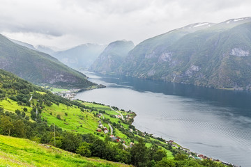 Fototapeta na wymiar View of the Aurlandsfjord landscape from Stegastein viewpoint, N