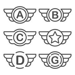 Set of the avia badges with wings. Aviation emblem set based on wing usage. Vector design graphic element for emblem, insignia, sign, identity, logotype, game team logo. Isolated vector illustration.