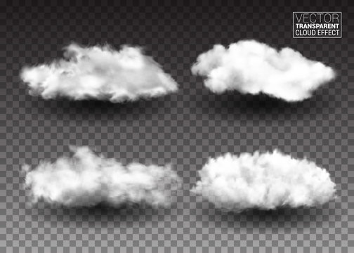 Set of Fluffy white clouds. Realistic vector design elements. smoke effect on isolated transparent background. Vector illustration