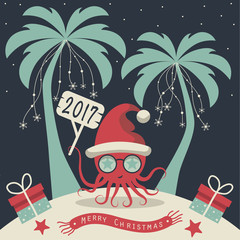The cover design. Christmas on the island. Depicts two palm trees, a octopus in Santa Claus hat, garlands of snowflakes, presents on the sand , starfish and scarf with the words merry christmas.