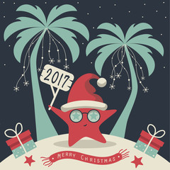 The cover design. Christmas on the island. Depicts two palm trees, a sea star in Santa Claus hat, garlands of snowflakes, presents on the sand , starfish and scarf with the words merry christmas.