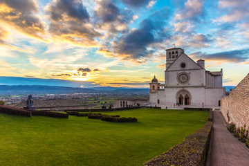 Assisi (Italy) - The Saint Francis catholic basilica at sunset