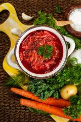 Beetroot Soup. Traditional Russian and Ukrainian national food - Borscht. Selective focus.