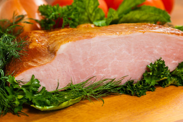Piece of Smoked Carving Pork Ham. Selective and Soft focus.