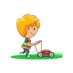 Kid cutting the grass