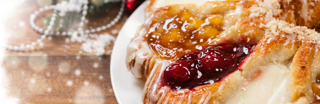 Christmas Background Baking Dessert. Danish Pastry Ring With Cherry, Apple Fruit And Cheese Fillings. Selective Focus.