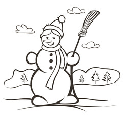 Children's drawing a snowman. Christmas card vector illustration