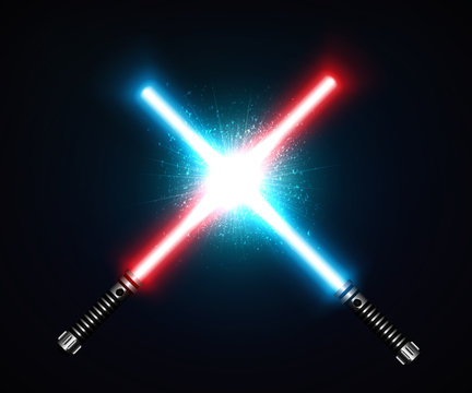 Two crossed laser swords fight red and blue