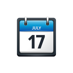 July 17. Calendar icon.Vector illustration,flat style.Month and date.Sunday,Monday,Tuesday,Wednesday,Thursday,Friday,Saturday.Week,weekend,red letter day. 2017,2018 year.Holidays.