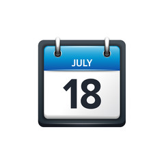 July 18. Calendar icon.Vector illustration,flat style.Month and date.Sunday,Monday,Tuesday,Wednesday,Thursday,Friday,Saturday.Week,weekend,red letter day. 2017,2018 year.Holidays.
