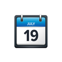 July 19. Calendar icon.Vector illustration,flat style.Month and date.Sunday,Monday,Tuesday,Wednesday,Thursday,Friday,Saturday.Week,weekend,red letter day. 2017,2018 year.Holidays.