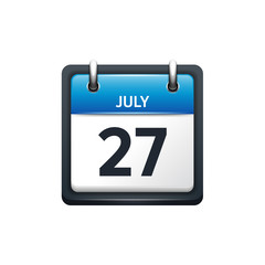 July 27. Calendar icon.Vector illustration,flat style.Month and date.Sunday,Monday,Tuesday,Wednesday,Thursday,Friday,Saturday.Week,weekend,red letter day. 2017,2018 year.Holidays.