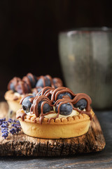Obraz na płótnie Canvas Lemon tartlet, pie, tart with fresh blueberries and milk chocola