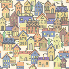Seamless pattern background with european houses in pale colors.