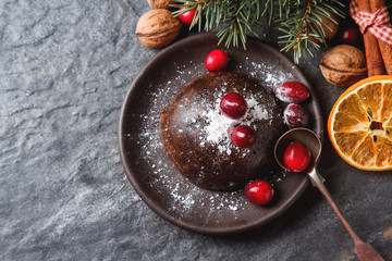 Obraz na płótnie Canvas Christmas chocolate pudding with cranberries, walnuts, cinnamon,
