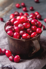 Red berries on a dark background. cranberries in a bowl.