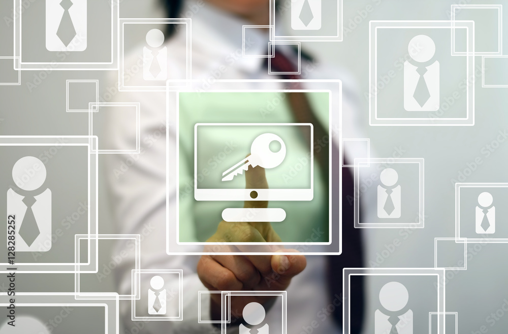 Poster businessman offer monitor button with key on virtual square screen. businesswoman represent computer
