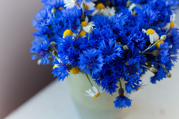 beautiful big bouquet of wild flowers of cornflowers and daisies standing on a table in a pot