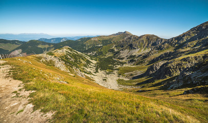 Fototapeta na wymiar Way Up to Top of Chopok Mount in Low Tatras National Park, Slovakia. High Tatras in Background. Mountain Landscape.