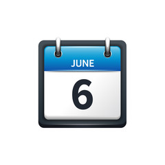 June 6. Calendar icon.Vector illustration,flat style.Month and date.Sunday,Monday,Tuesday,Wednesday,Thursday,Friday,Saturday.Week,weekend,red letter day. 2017,2018 year.Holidays.