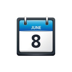 June 8. Calendar icon.Vector illustration,flat style.Month and date.Sunday,Monday,Tuesday,Wednesday,Thursday,Friday,Saturday.Week,weekend,red letter day. 2017,2018 year.Holidays.