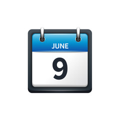 June 9. Calendar icon.Vector illustration,flat style.Month and date.Sunday,Monday,Tuesday,Wednesday,Thursday,Friday,Saturday.Week,weekend,red letter day. 2017,2018 year.Holidays.