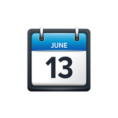 June 13. Calendar icon.Vector illustration,flat style.Month and date.Sunday,Monday,Tuesday,Wednesday,Thursday,Friday,Saturday.Week,weekend,red letter day. 2017,2018 year.Holidays.