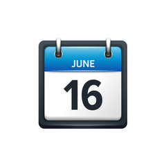 June 16. Calendar icon.Vector illustration,flat style.Month and date.Sunday,Monday,Tuesday,Wednesday,Thursday,Friday,Saturday.Week,weekend,red letter day. 2017,2018 year.Holidays.