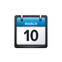 March 10. Calendar icon.Vector illustration,flat style.Month and date.Sunday,Monday,Tuesday,Wednesday,Thursday,Friday,Saturday.Week,weekend,red letter day. 2017,2018 year.Holidays.