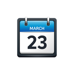 March 23. Calendar icon.Vector illustration,flat style.Month and date.Sunday,Monday,Tuesday,Wednesday,Thursday,Friday,Saturday.Week,weekend,red letter day. 2017,2018 year.Holidays.