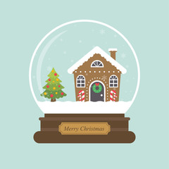 cartoon christmas snowglobe and christmas house and fir tree