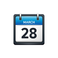 March 28. Calendar icon.Vector illustration,flat style.Month and date.Sunday,Monday,Tuesday,Wednesday,Thursday,Friday,Saturday.Week,weekend,red letter day. 2017,2018 year.Holidays.