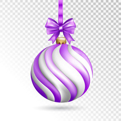 Violet striped ball with bow isolated on transparent background. Holiday christmas toy for fir tree. Vector illustration.