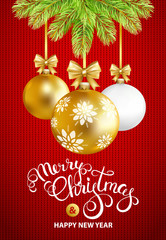 Fototapeta na wymiar Merry Christmas and Happy New Year card with gold, white balls and fir-tree on knitted texture background. Merry Christmas calligraphy. Vector illustration.