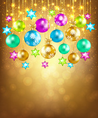 Colorful Christmas balls, stars with lights  on gold background.