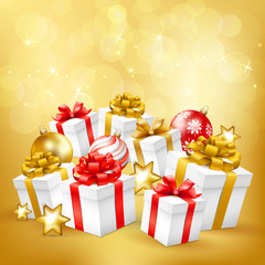 Merry Christmas and Happy New Year greeting illustration with Christmas balls, gift boxes. Vector illustration.