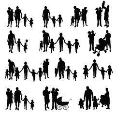 family with children set silhouette in black illustration