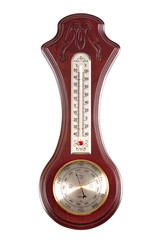 Vintage wooden wall barometer on a white background