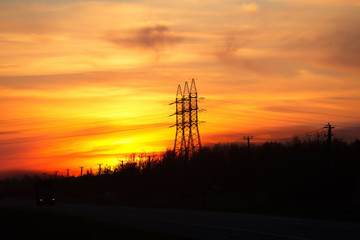 Electric wires on a column about high volt