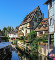 Colmar, Alsace, France,  Medieval old town. Its half timbered houses and channels. Village called small Venice.