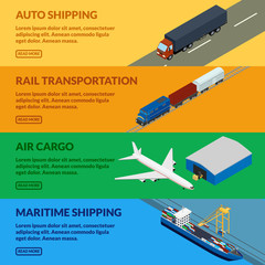 Vector illustration. Web banner freight delivery. Truck, train, airplane, ship logistics. Storing and loading. Isometric, 3D.